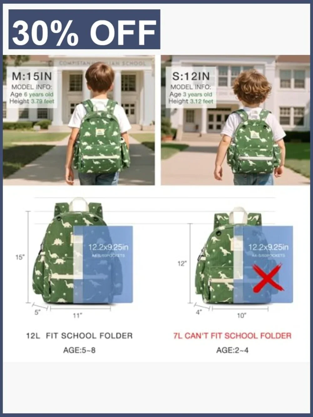 Kids Corduroy Backpack for Boys Girls 5-8 Dinosaur Print Elementary School